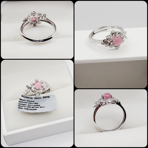 Natural Pink Cats Eye & Diamond Flower & Butterfly 925 Sterling Silver Ring - Picture 2 of 4